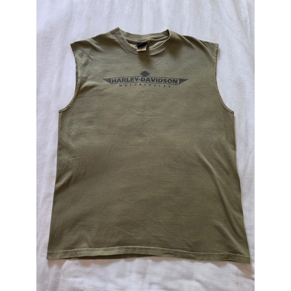 Harley Davidson Muscle Tee Mens XL Olive Green Frieze O'Fallon IL Sleeveless Tee